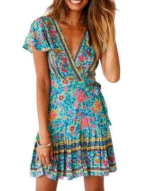 Floral Wrap Mini Dress in Teal
